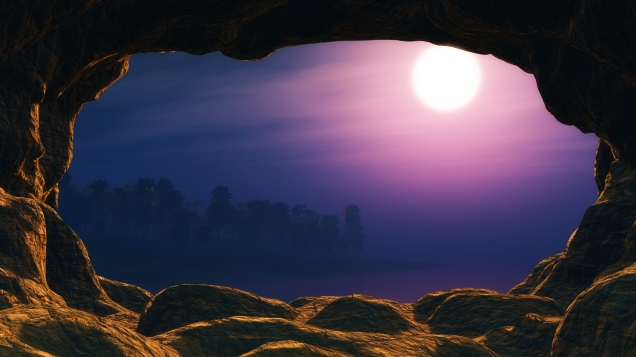 3D view from a cave looking out to a sunset sea with palm tree i